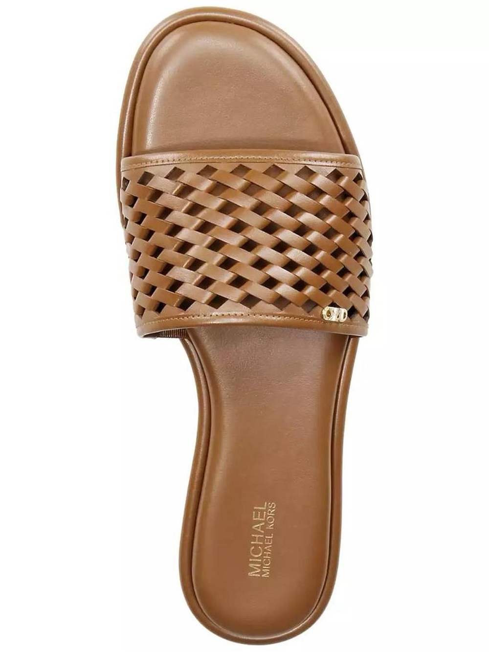 Michael Kors Saylor Tan Leather Slide Sandal with Gold Logo